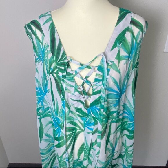 Portcruz Sheer White & Green Tropical Print Lace Up Cover Up Women's Size 2X - Picture 8 of 16